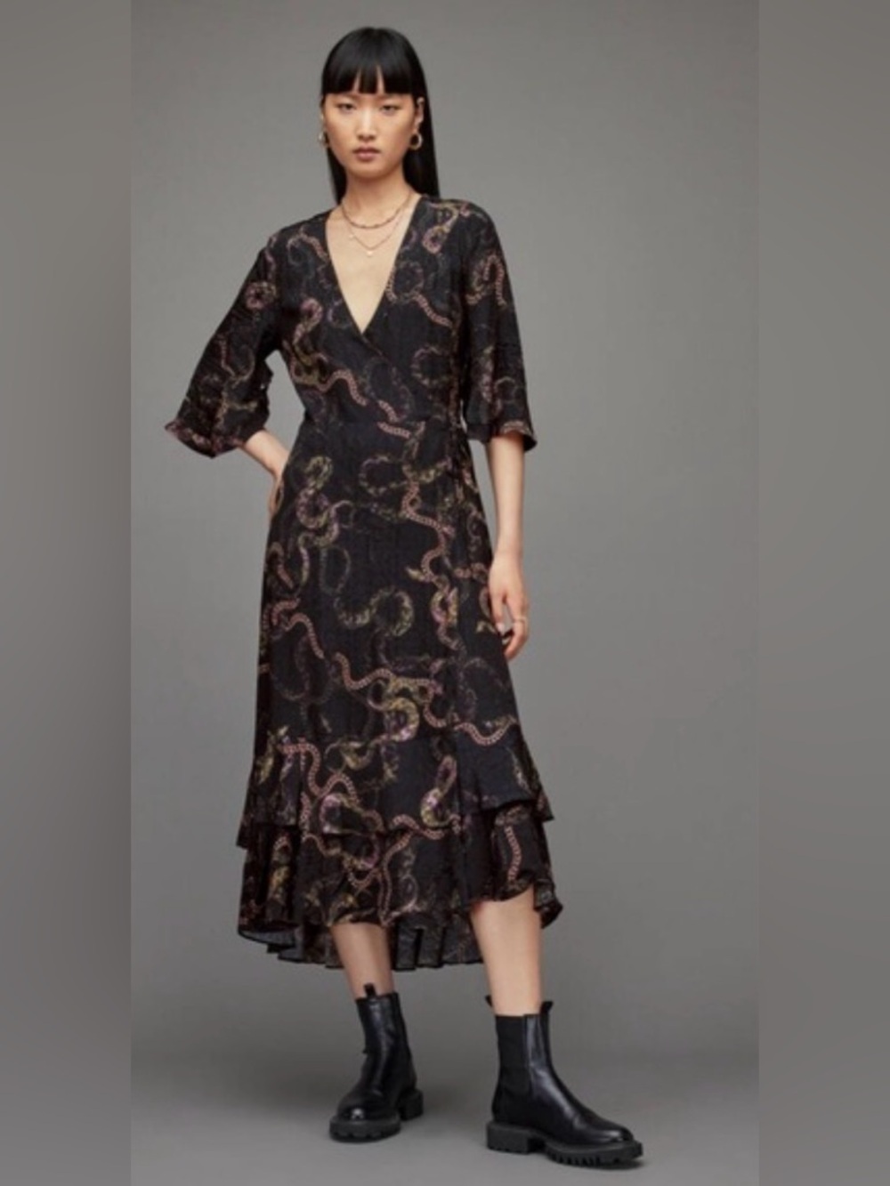 AllSaints Delana Tempest Wrap Slip Dress in deep green with snake- print - Picture 1 of 12
